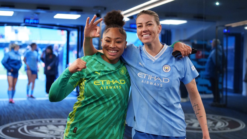 DERBY DELIGHT : The Australian celebrates with Khiara Keating after another derby win at the Etihad in March 2024