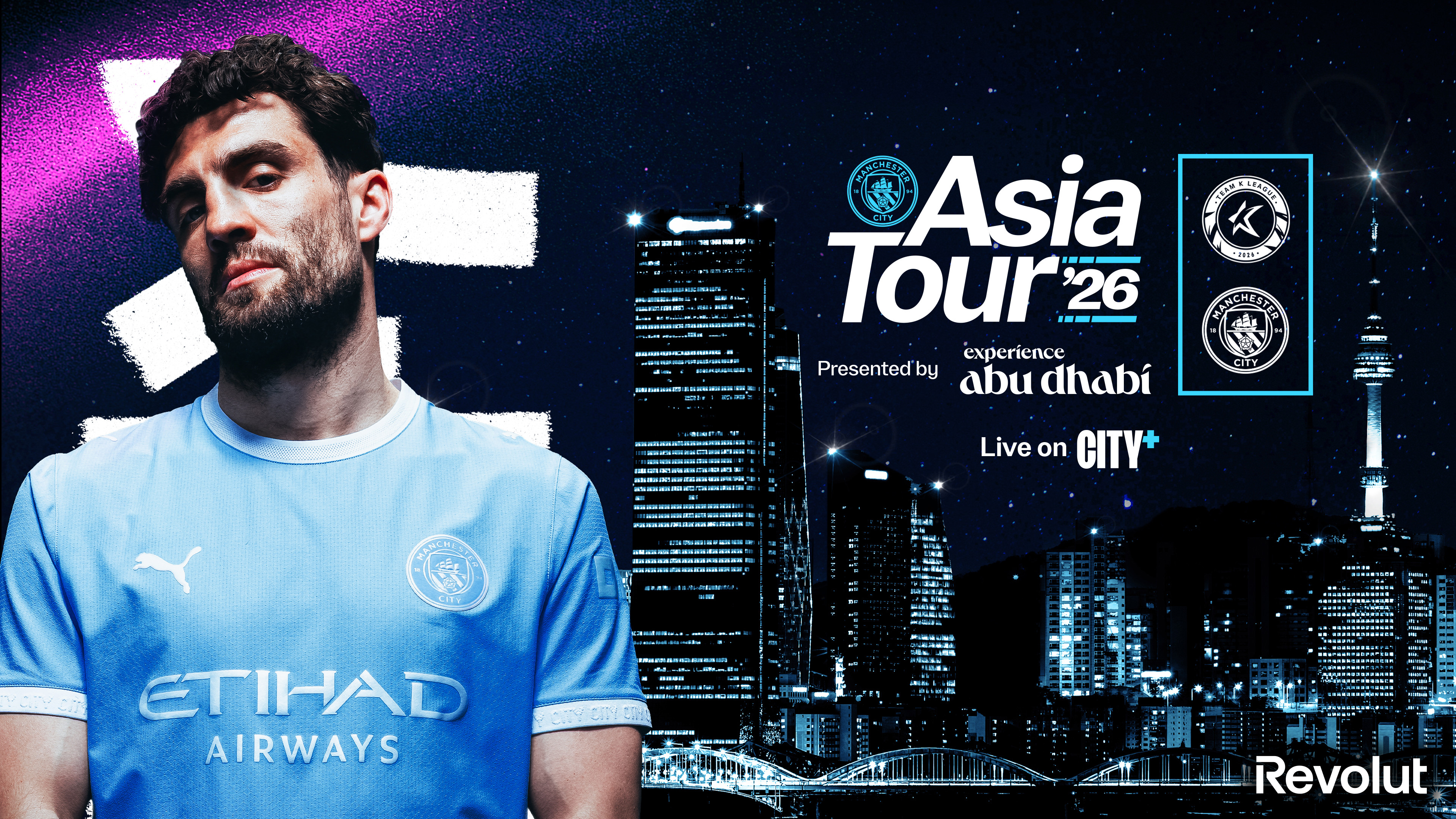 Promotional image for Manchester City's Asia Tour 2026, featuring a player in a light blue kit, logos of Manchester City and Experience Abu Dhabi, skyline background, and presented by Revolut.