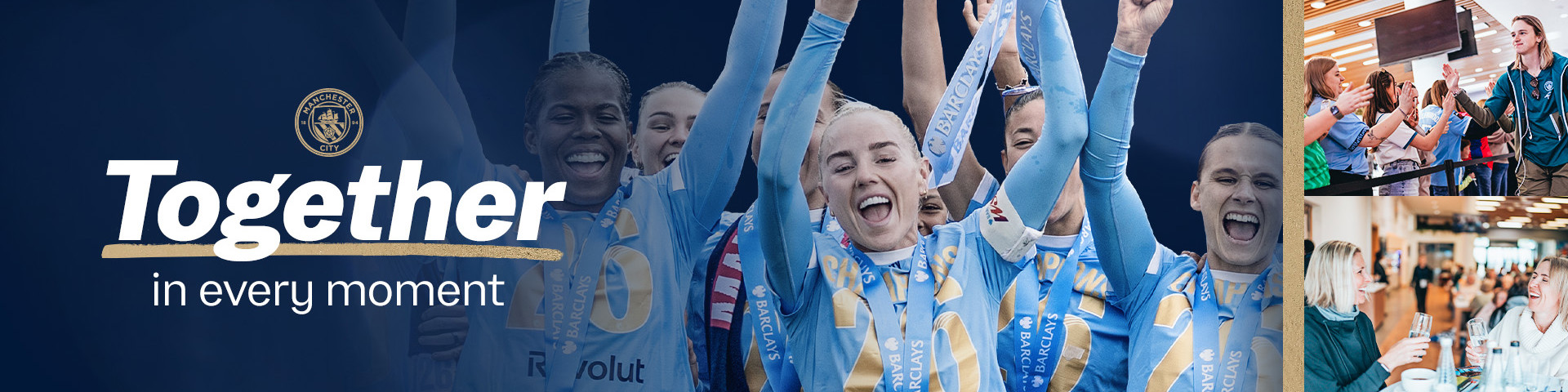 Blurred image of Manchester City players celebrating with a trophy, promoting 26/27 seasonal hospitality. Features Manchester City logo and 'Together in every moment' slogan.