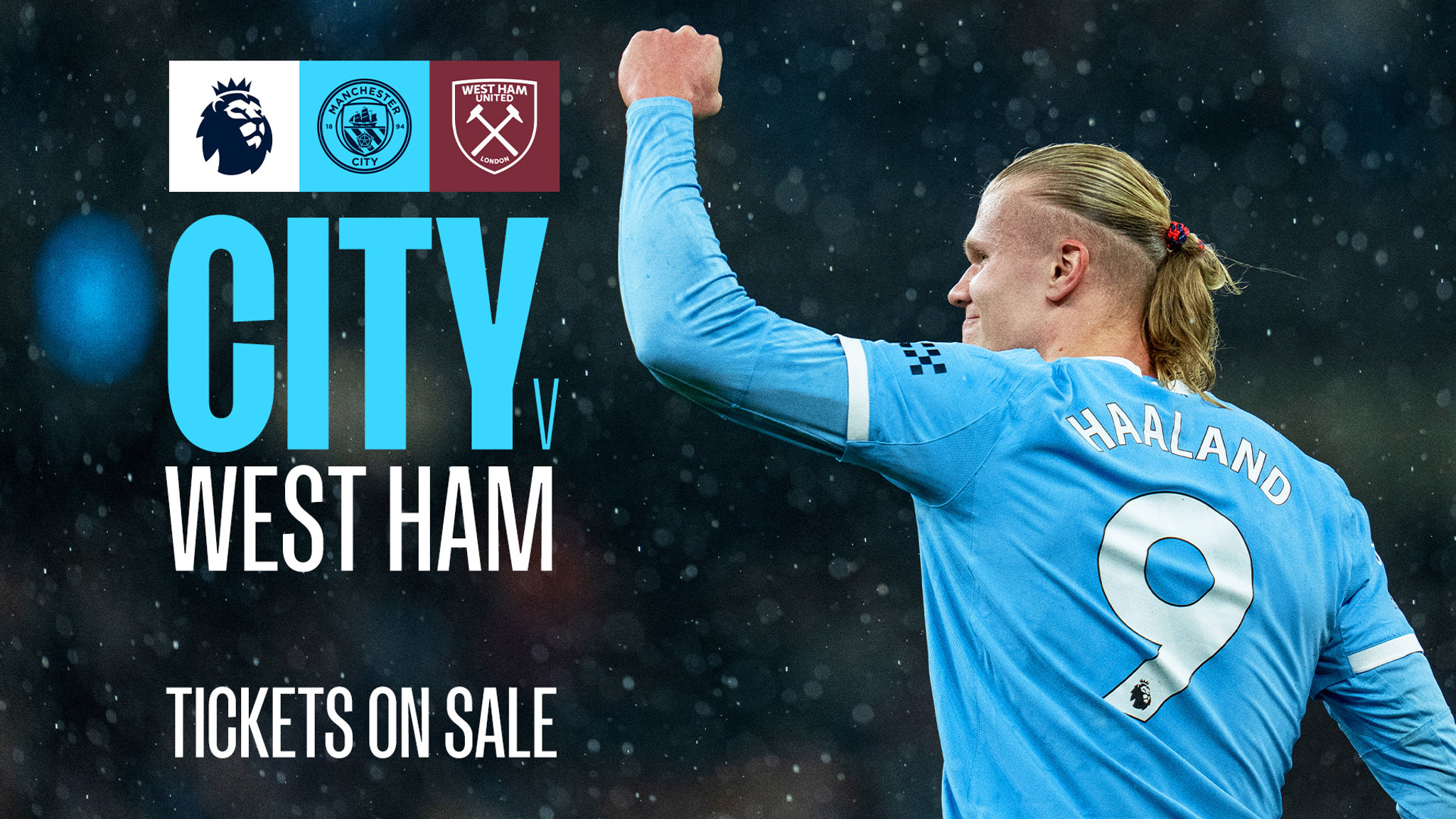 Promotional image for a Manchester City vs West Ham match featuring player Haaland, with Premier League and club logos. Tickets are on sale.