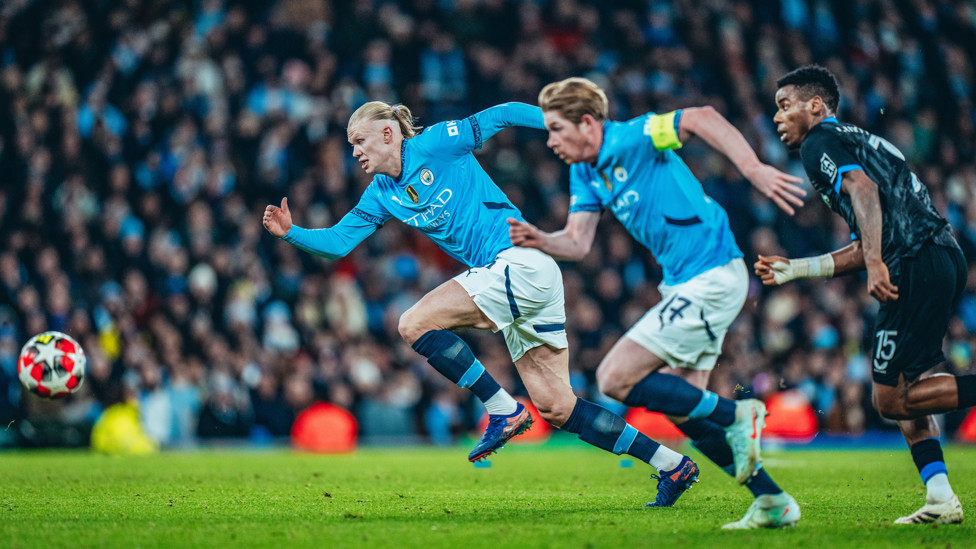 ON THE ATTACK : Haaland and KDB get forward shortly after the visitors take the lead.