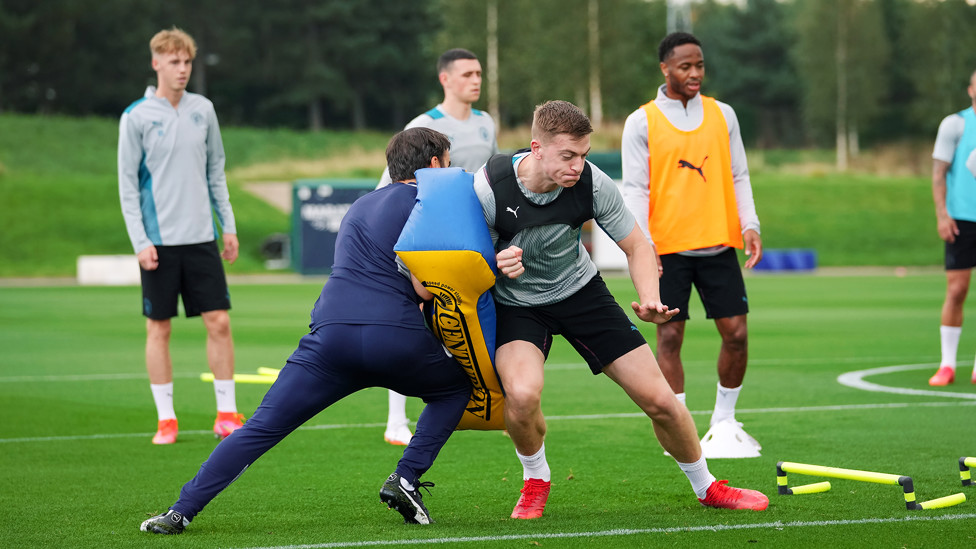 FINAL PUSH : Liam Delap shows off his strength