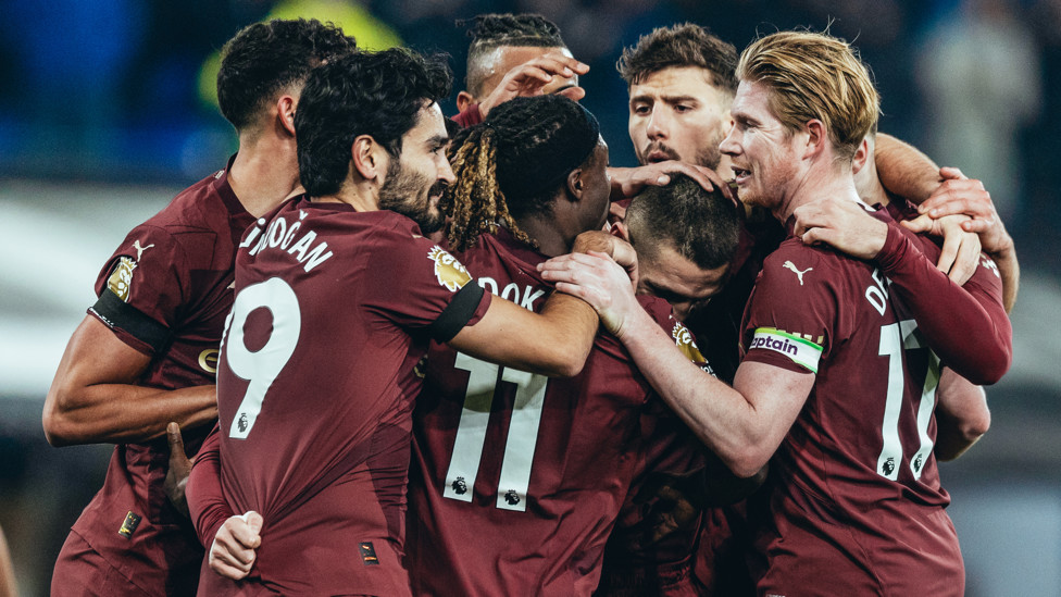 CELBRATION TIME: The City players celebrate after Mateo Kovacic's strike