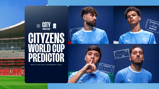 Promotional graphic for Cityzens World Cup Predictor featuring blurred-out footballers in Manchester City jerseys.
