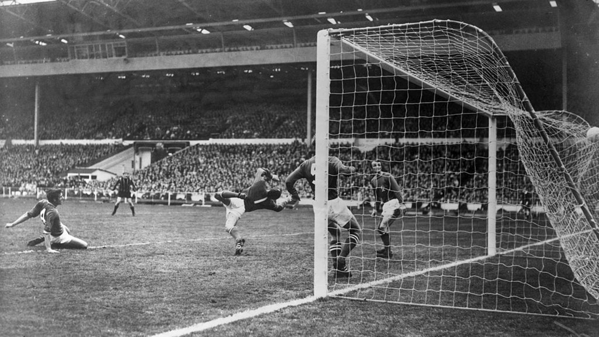 MAGIC MOMENT: Neil Young's shot nestles in the back of the Leicester goal to secure FA Cup glory in 1969