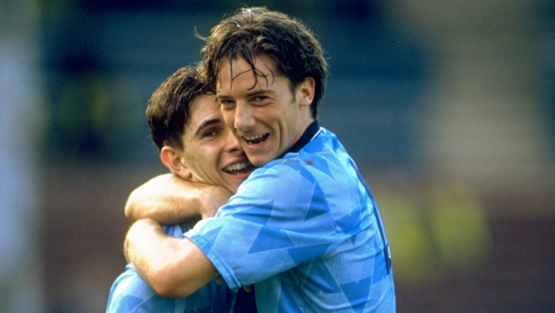 BISH BASH BOSH: Ian Bishop and Paul Lake celebrate City's 5-1 triumph over Manchester United in September 1989