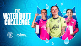 Promotional image for 'The Water Butt Challenge' featuring participants holding containers. Logos of Manchester City and Xylem are displayed.