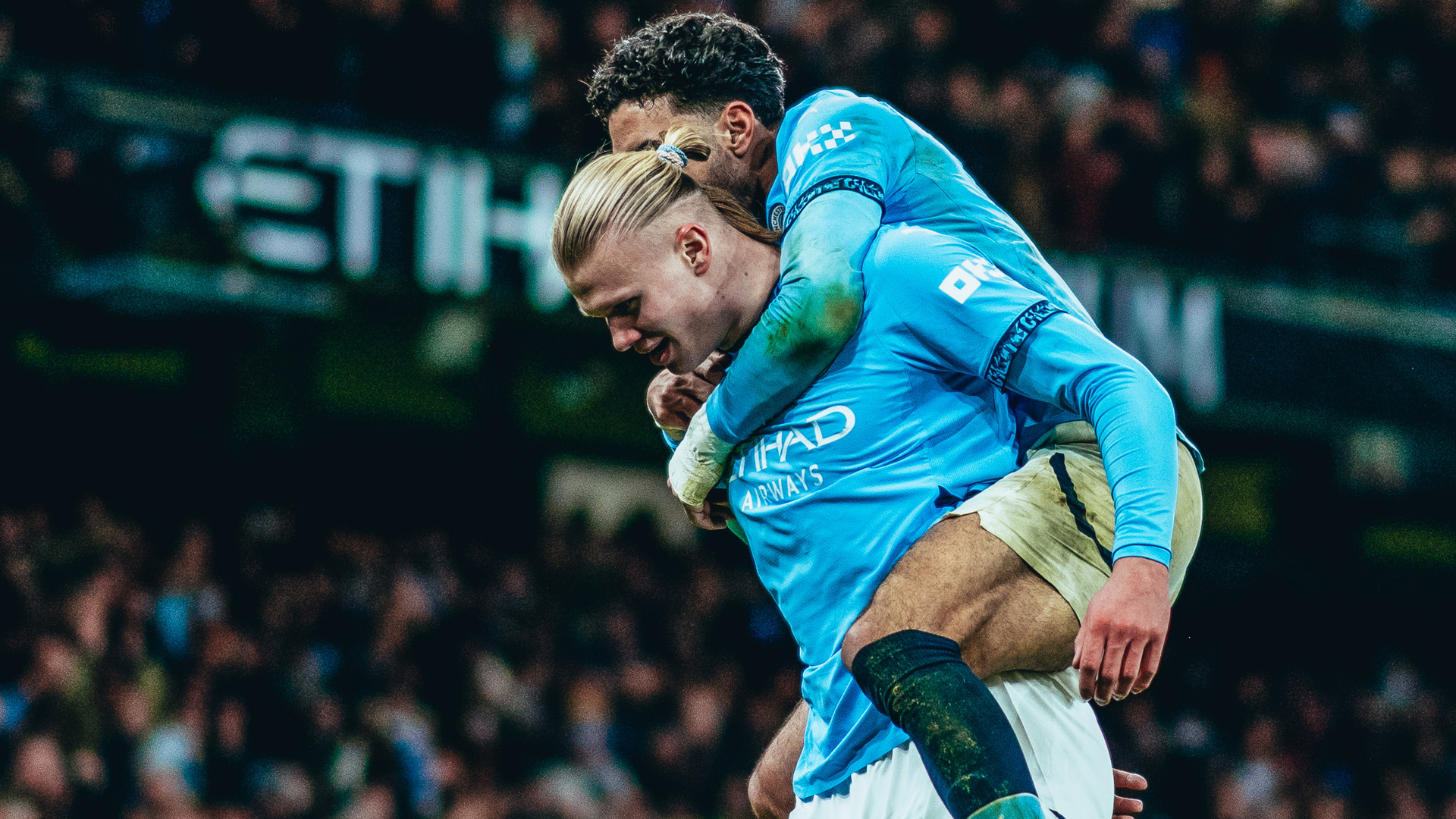 TWO GOOD: Erling Haaland celebrates with Omar Marmoush after firing City ahead