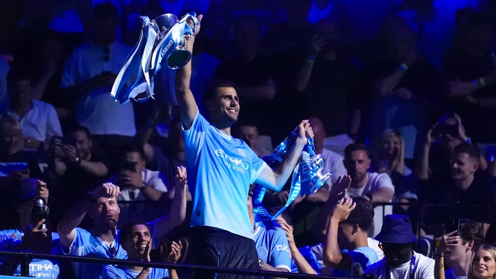 PERFECT PARADE : Rodri shows off the FA Cup as well as the Carabao Cup at a memorable Parade Event that took place at Co-op Live in May 2026.