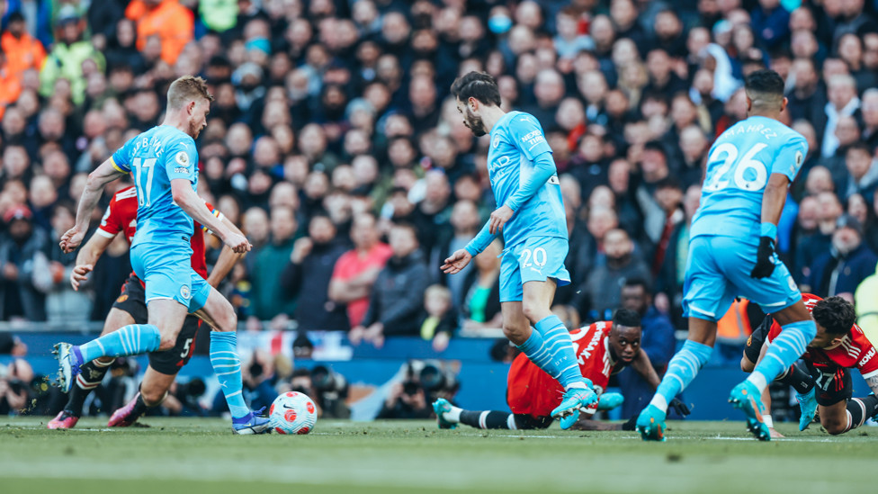 AT THE DOUBLE : De Bruyne blasts City back ahead just before the half-hour mark.