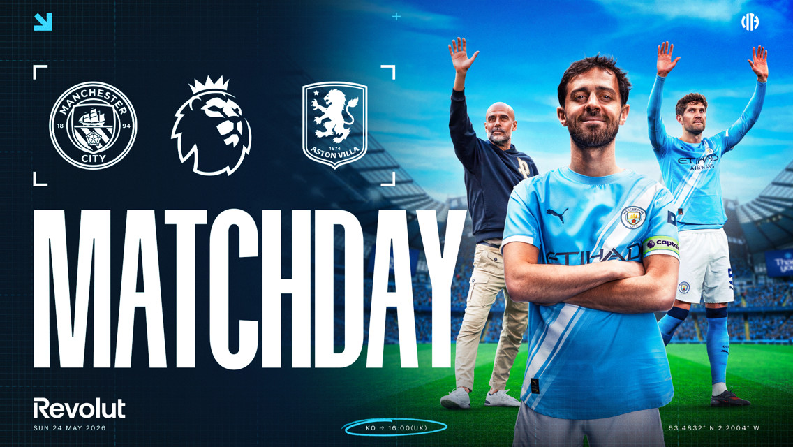 Manchester City vs Aston Villa Premier League matchday promotional image featuring logos and blurred people on a stadium background.