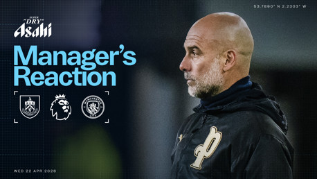 A promotional graphic featuring a blurred-out manager's face, with event details: Burnley vs Manchester City in Premier League, sponsored by Asahi Super Dry, dated Wednesday, 22 April 2026.