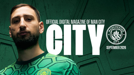 A cover for Manchester City's official digital magazine, featuring a player in the foreground wearing a team jersey with text 'City' and 'September 2026' displayed.