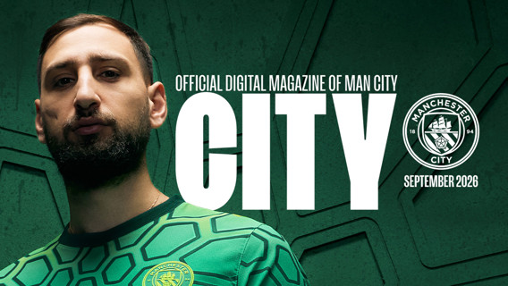 A cover for Manchester City's official digital magazine, featuring a player in the foreground wearing a team jersey with text 'City' and 'September 2026' displayed.