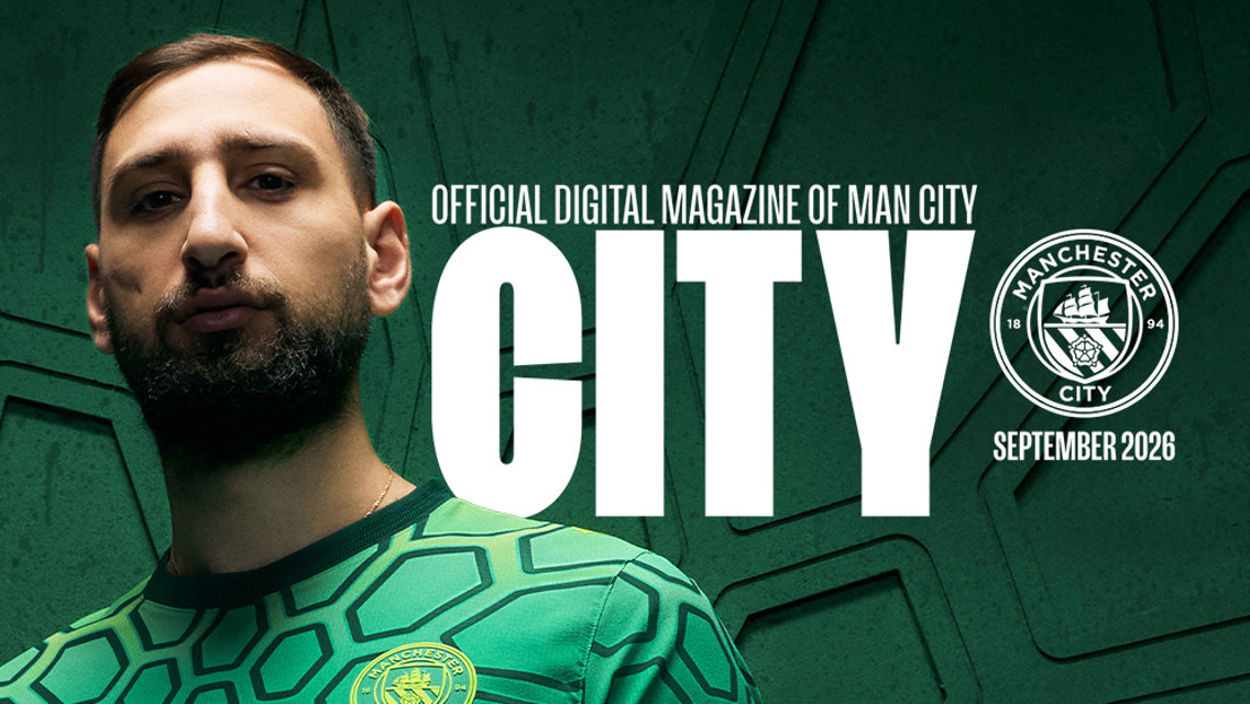 A cover for Manchester City's official digital magazine, featuring a player in the foreground wearing a team jersey with text 'City' and 'September 2026' displayed.