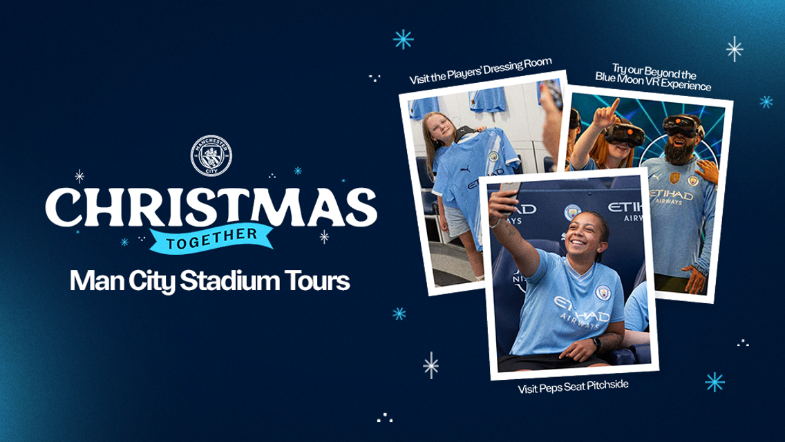 Promotional image for Man City Stadium Tours during Christmas season featuring activities like visiting the players' dressing room, VR experience, and Pep's seat pitchside.