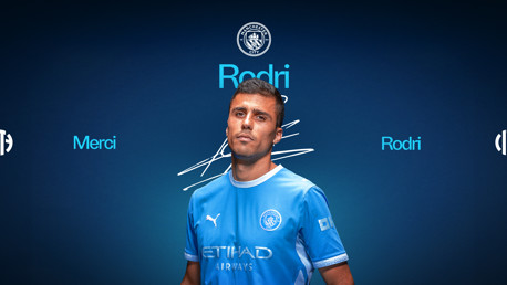 Manchester City player in a blue jersey with 'Rodri' name and club logo on a blue background. Text includes 'Merci' and 'Etihad Airways'.