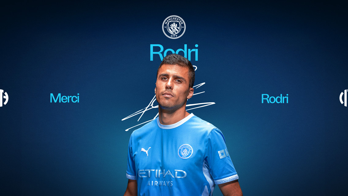 Manchester City player in a blue jersey with 'Rodri' name and club logo on a blue background. Text includes 'Merci' and 'Etihad Airways'.