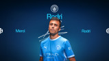 Manchester City player in a blue jersey with 'Rodri' name and club logo on a blue background. Text includes 'Merci' and 'Etihad Airways'.