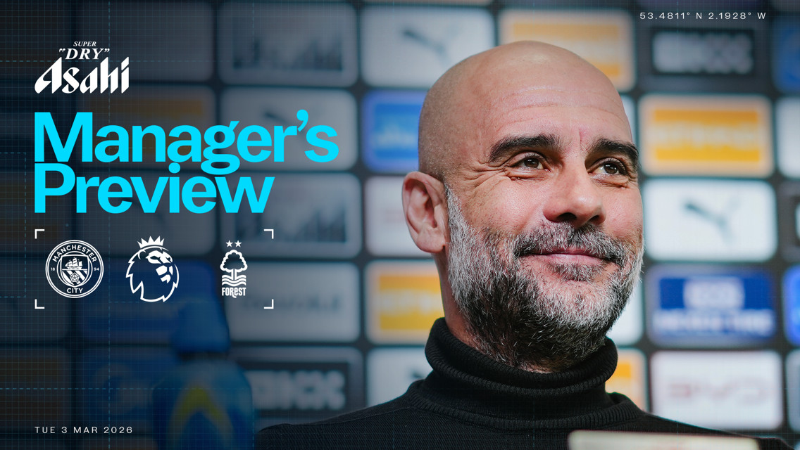 Promotional image for a manager's preview featuring Manchester City vs Nottingham Forest in the Premier League on March 3, 2026. Sponsored by Asahi.
