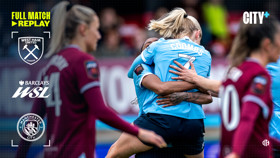 Celebration during West Ham vs Manchester City match in the Barclays Women's Super League. Features players from both teams and match replay info.