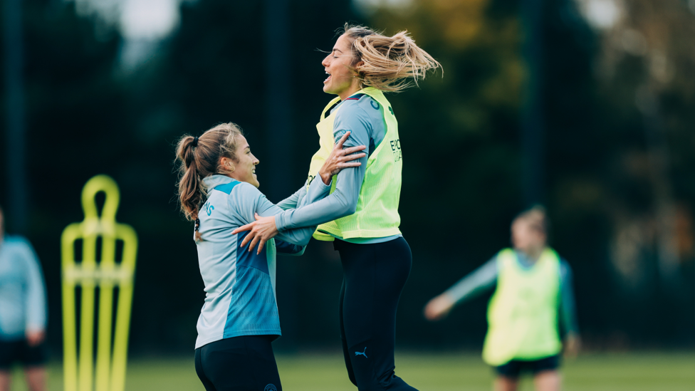 BECKIE BOUNCE : Filippa Angeldahl and Janine Beckie pictured in today's session