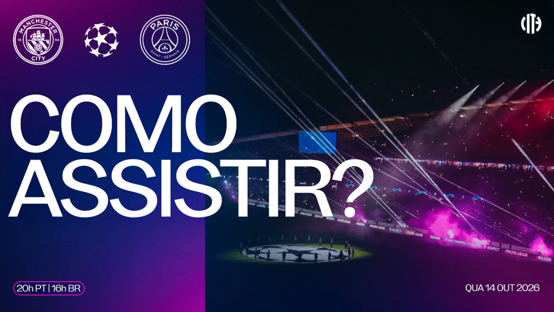 Image promoting a Manchester City vs Paris Saint-Germain Champions League match on October 14, 2026, with details on how to watch.
