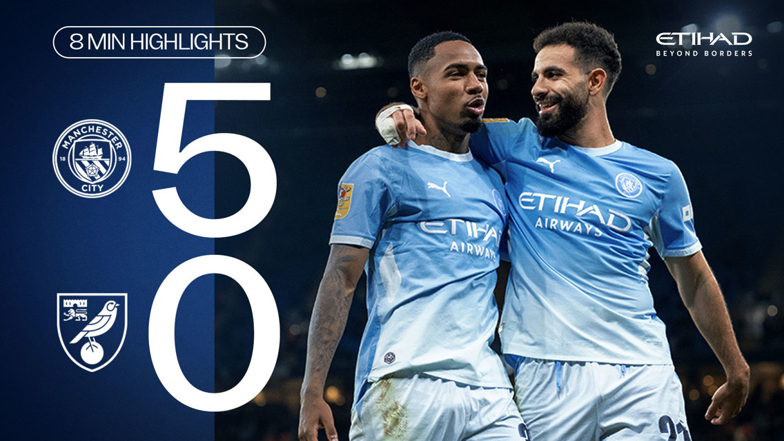 Manchester City 5-0 Norwich match result highlight image featuring Manchester City players celebrating.