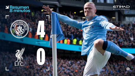 Manchester City defeated Liverpool 4-0. The image highlights the scoreboard and a Manchester City player celebrating a goal at Etihad Stadium.