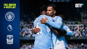 Manchester City players embrace on the field. Premier League and Coventry City Football Club logos are visible. Text reads 'FULL MATCH REPLAY' and 'CITY+'.