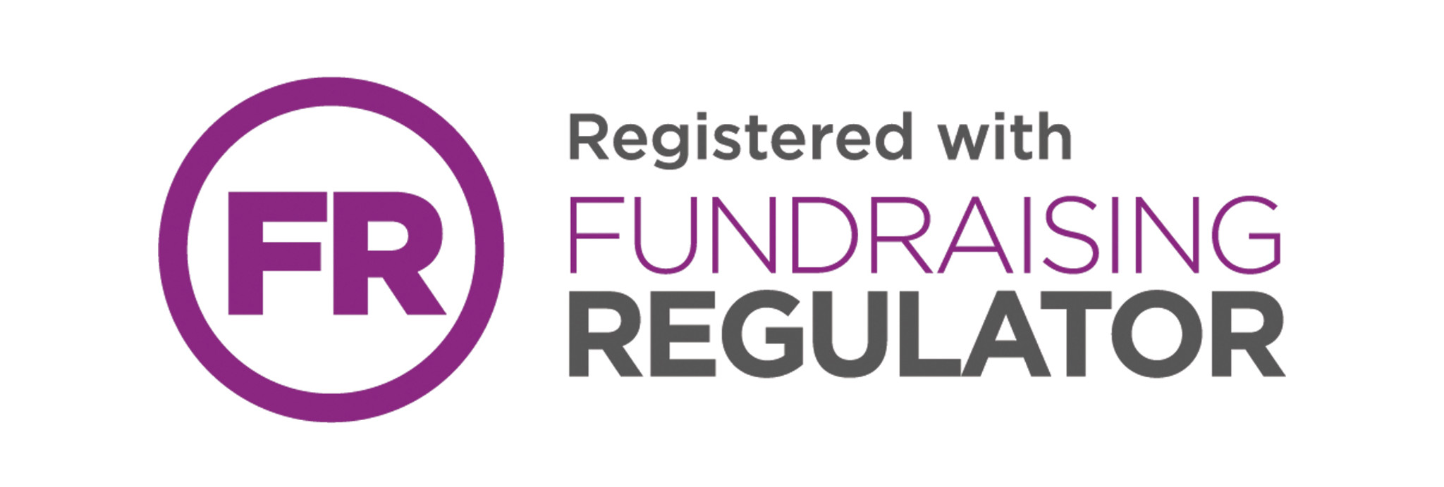 Logo of the Fundraising Regulator, featuring the letters 'FR' in a purple circle, and the text 'Registered with FUNDRAISING REGULATOR' in black and purple.