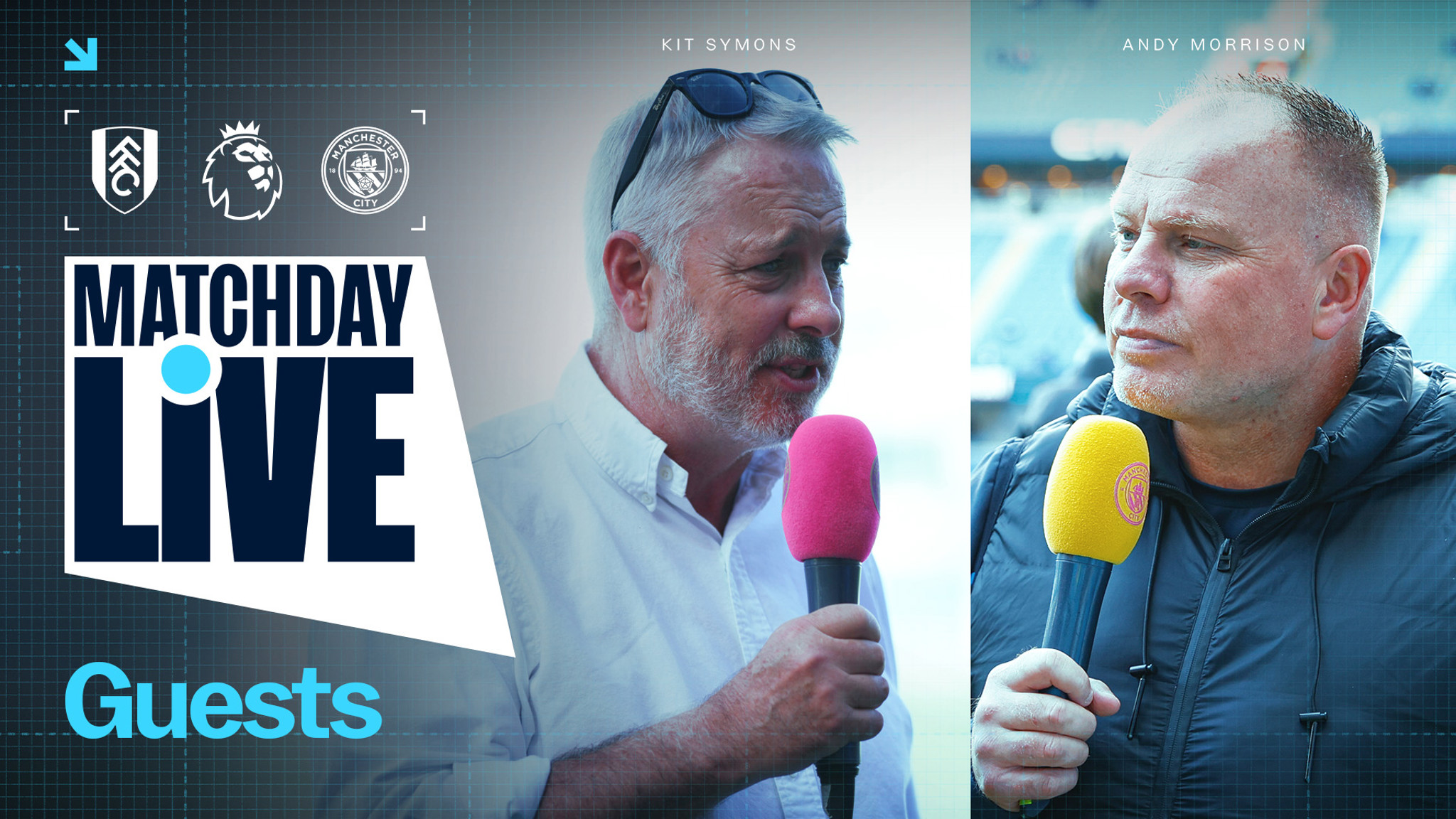 A sports broadcast graphic featuring Matchday Live with blurred faces. Guests Kit Symons and Andy Morrison are visible, holding colorful microphones. Logos of Fulham, Premier League, and Manchester City are present.