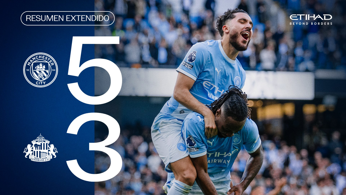Manchester City defeated Sunderland 5-3, with players celebrating on the field.