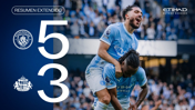 Manchester City defeated Sunderland 5-3, with players celebrating on the field.