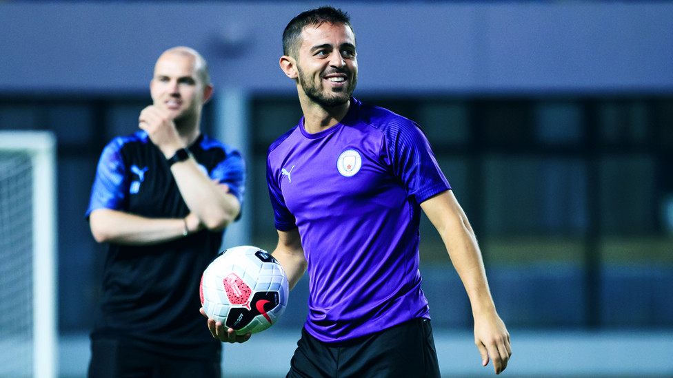 PURPLE REIGN : Bernardo Silva is in upbeat spirits as the session gets underway