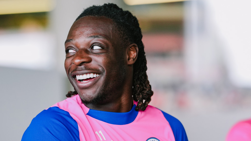 GOALSCORER  : Another! Jeremy Doku shares a smile after neting against the Londoners.