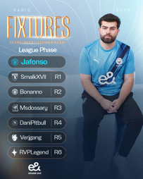 A man in a Manchester City esports jersey with fixtures for Jafonso in the FC Pro World Championship 2026, League Phase, featuring opponents like SmalkXVII, Bonanno, Msdossary, DaniPitbull, Verjgang, and RVPLegend.