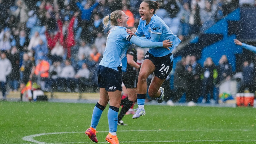 UP IN THE AIR: Iman Beney celebrates her late winner against Arsenal - October 2025