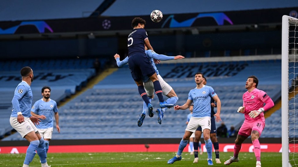 STARK REMINDER: Marquinhos smashes a header against the bar for the visitors