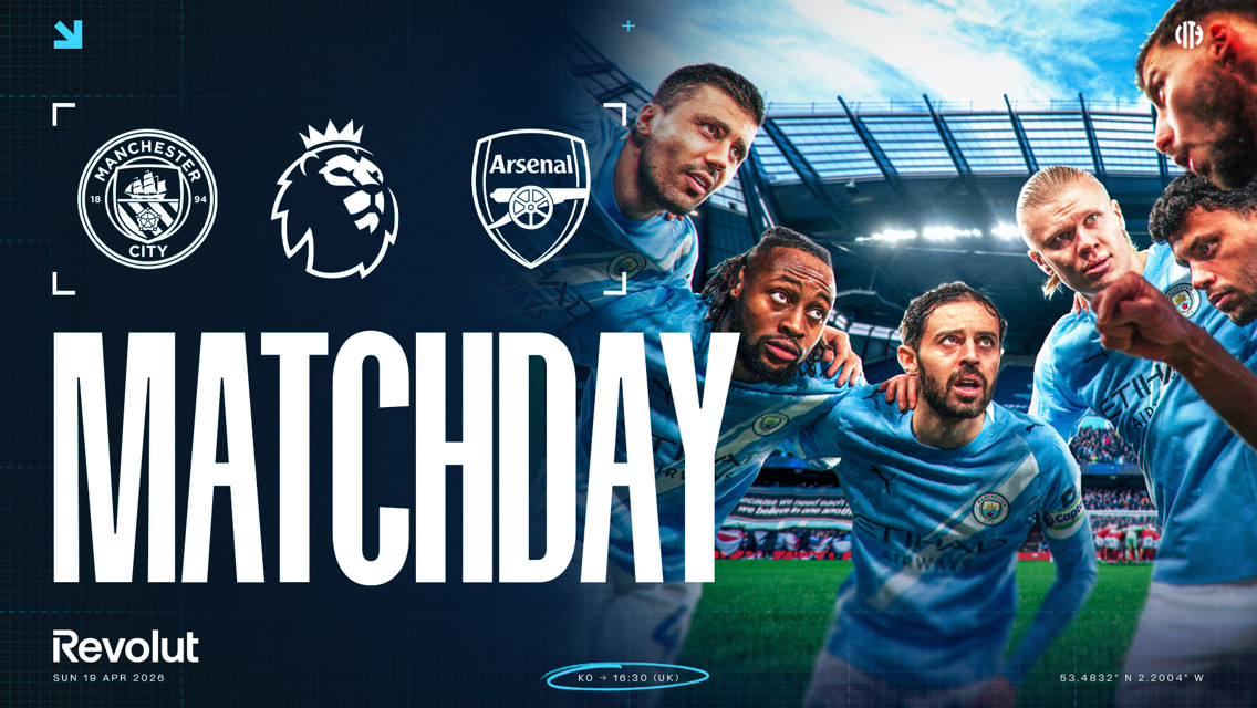 Matchday poster for Premier League game between Manchester City and Arsenal on April 19, 2026. Includes logos of the teams and Premier League, and a blurred team photo.