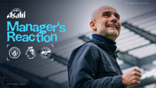 A promotional image titled "Manager's Reaction" featuring logos of Manchester City, the Premier League, and Brentford FC, along with a blurred person in a black jacket. Coordinates and a date are displayed.