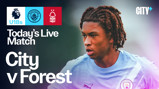 Promotional graphic for a live Manchester City U18s match against Nottingham Forest, featuring blurred player image, club logos, and match information.