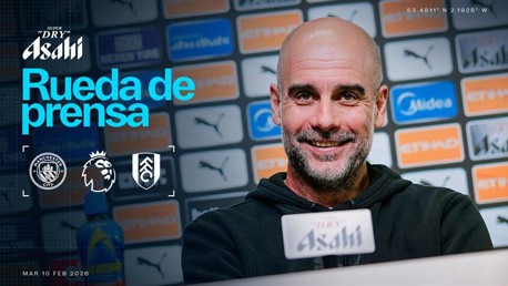 A promotional banner for a press conference featuring Manchester City vs Fulham with Premier League and team logos.