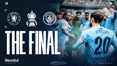 Promotional graphic for the FA Cup final between Chelsea and Manchester City on May 16, 2026, sponsored by Revolut.