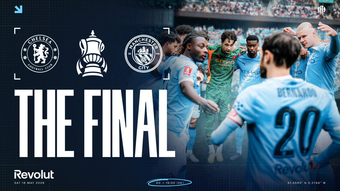 Promotional graphic for the FA Cup final between Chelsea and Manchester City on May 16, 2026, sponsored by Revolut.