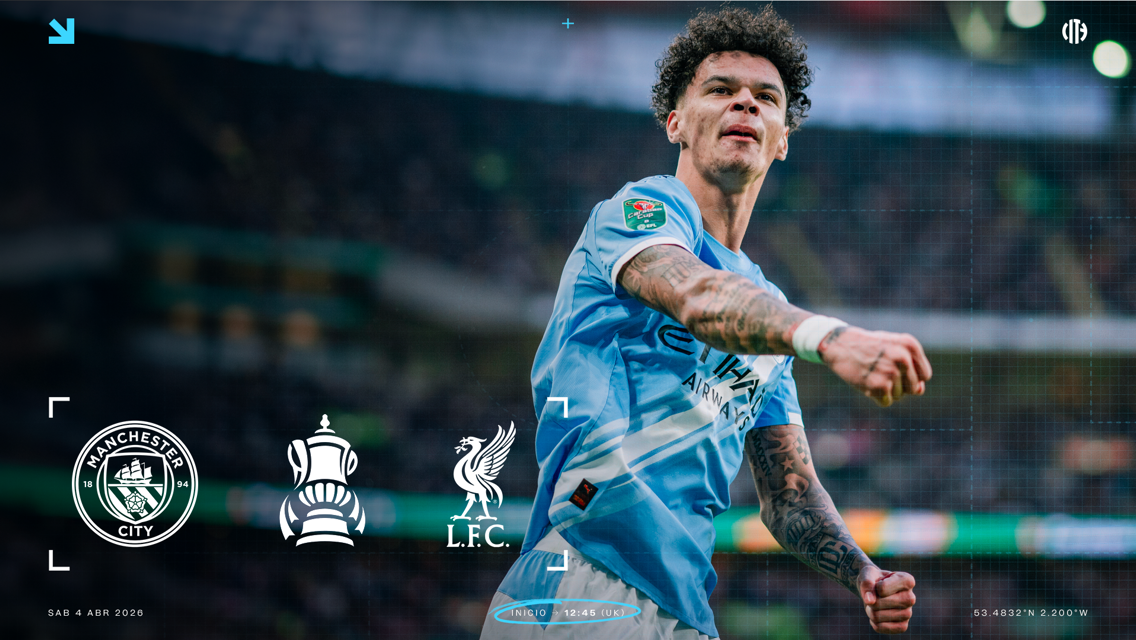Blurred image of a Manchester City player during a match against Liverpool. Logos of Manchester City and Liverpool are visible along with an FA Cup icon, indicating an upcoming match on 4 April 2026 at 12:45 UK time.