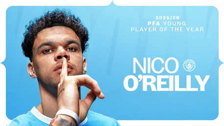 Image of a person with text indicating 2025/26 PFA Young Player of the Year and their name, Nico O'Reilly, alongside the Manchester City logo on a blue background.