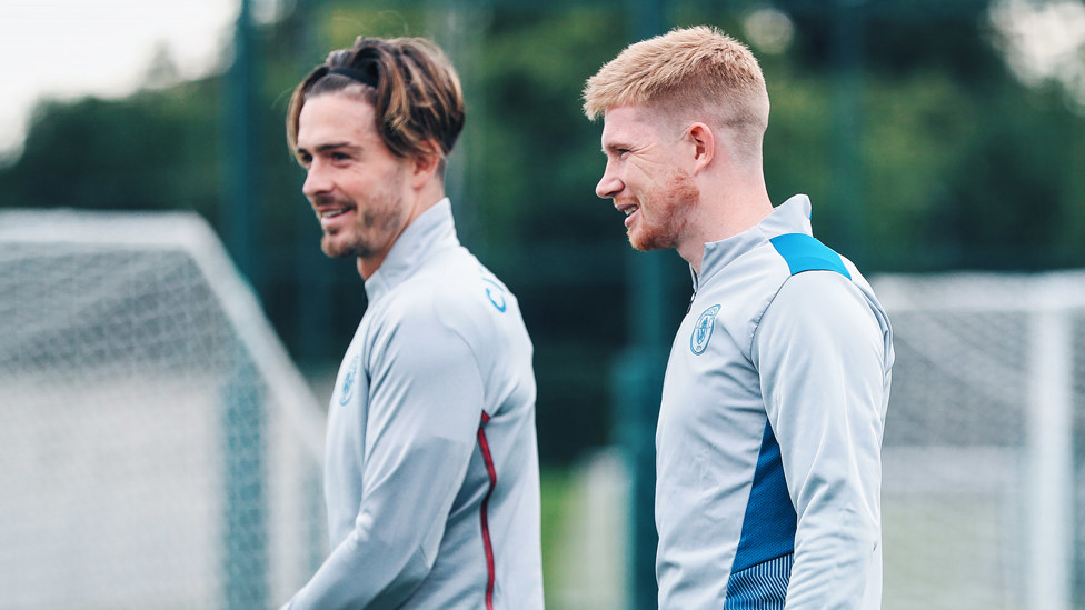 MIDFIELD MAGICIANS: Jack Grealish and Kevin De Bruyne at today's session