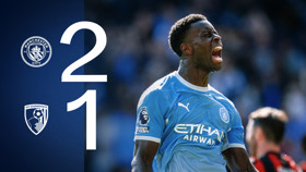 Graphic showing Manchester City defeating Bournemouth 2-1, featuring a celebrating player in a Manchester City kit.