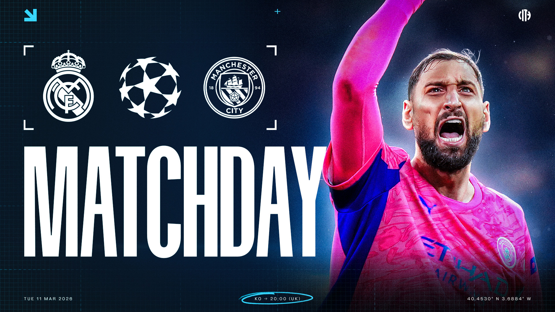 Matchday poster featuring Real Madrid and Manchester City logos for a UEFA Champions League match on March 11, 2026, with kick-off at 20:00 UK time.